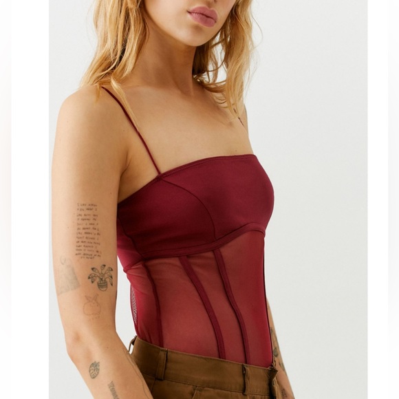 NWT UO Mesh Corset Harlow Bodysuit - Deep Red - Picture 2 of 5
